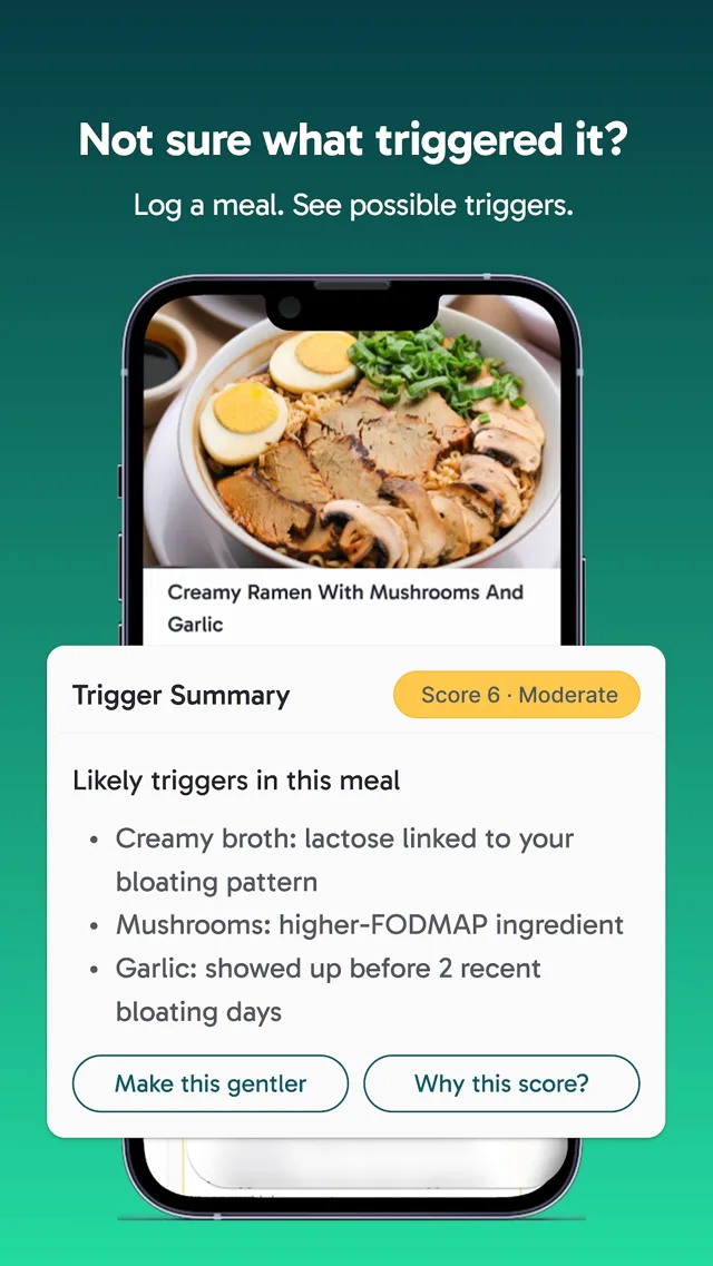 A trigger summary in the Flourish app: a bowl of ramen scored 6, moderate, with the likely triggers listed underneath