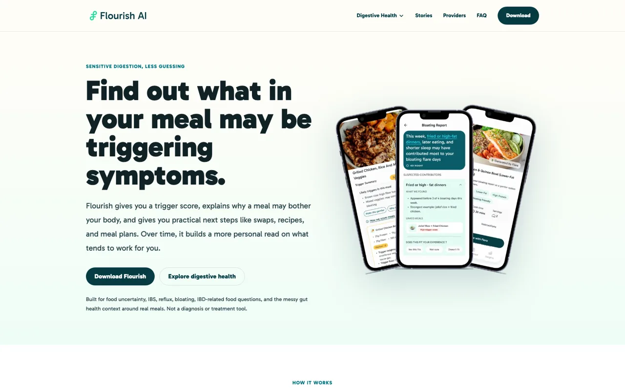 The Flourish AI homepage: a headline about finding out what in your meal may be triggering symptoms, next to three phone screens
