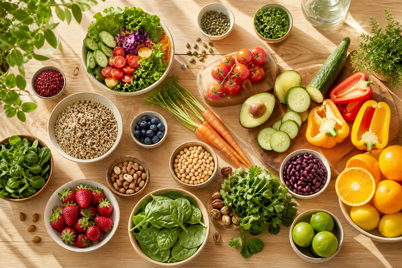 Colorful fresh food on a light wooden table