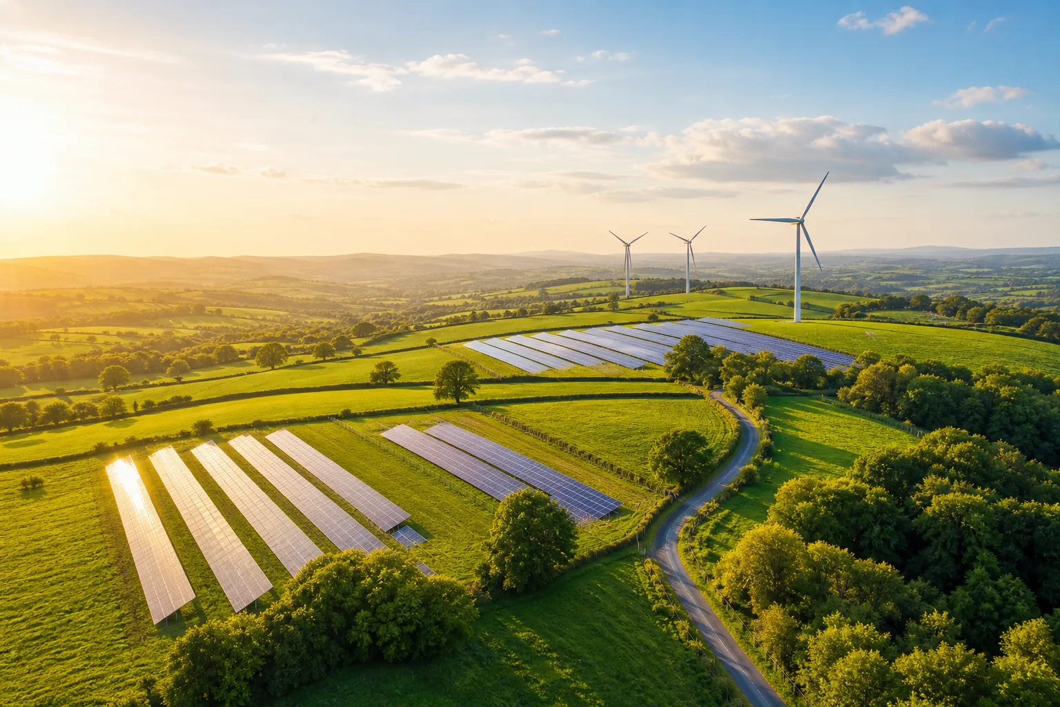 Wind turbines and solar panels at golden morning light