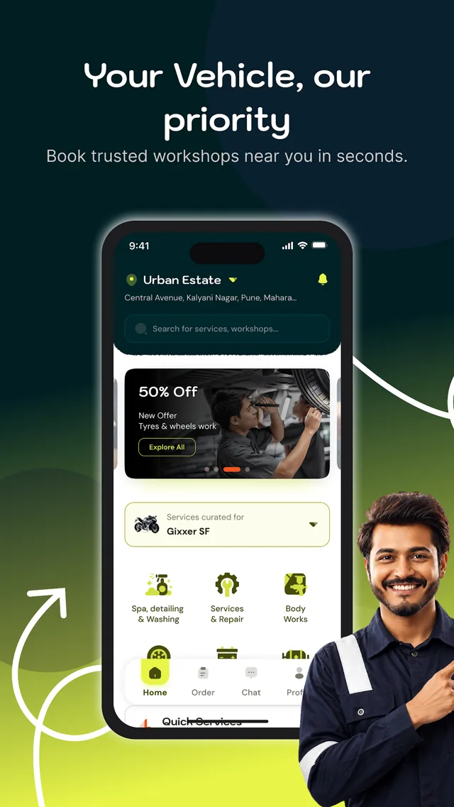 The Youhonk app home screen, headed 'Your vehicle, our priority', with service categories to choose from