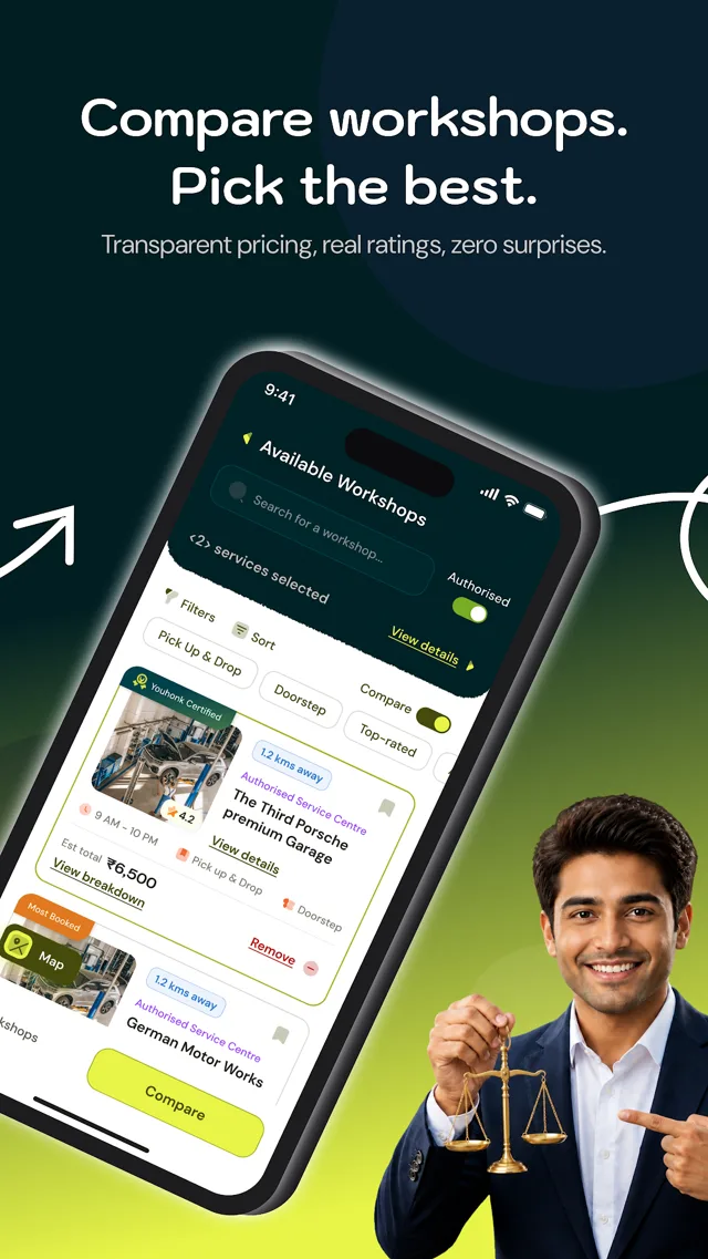 Two Pune workshops compared side by side in the Youhonk app, with price, rating and reviews