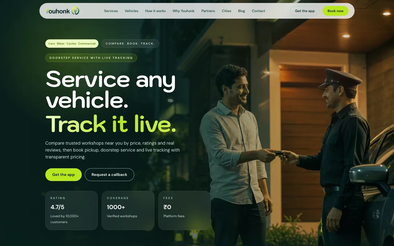 The Youhonk homepage, headed 'Service any vehicle. Track it live.'