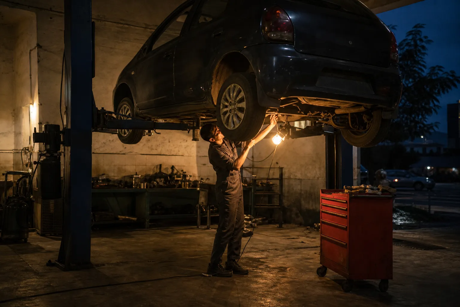 Hatchback on a hydraulic lift in an evening workshop