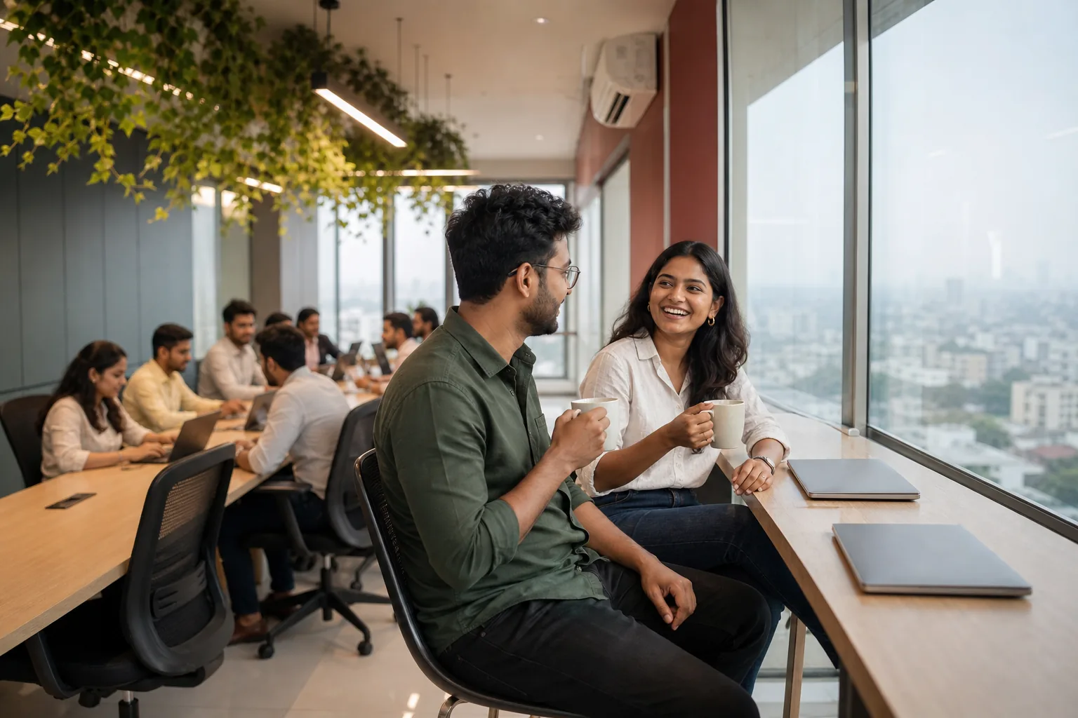 Two colleagues talking over chai at the window counter