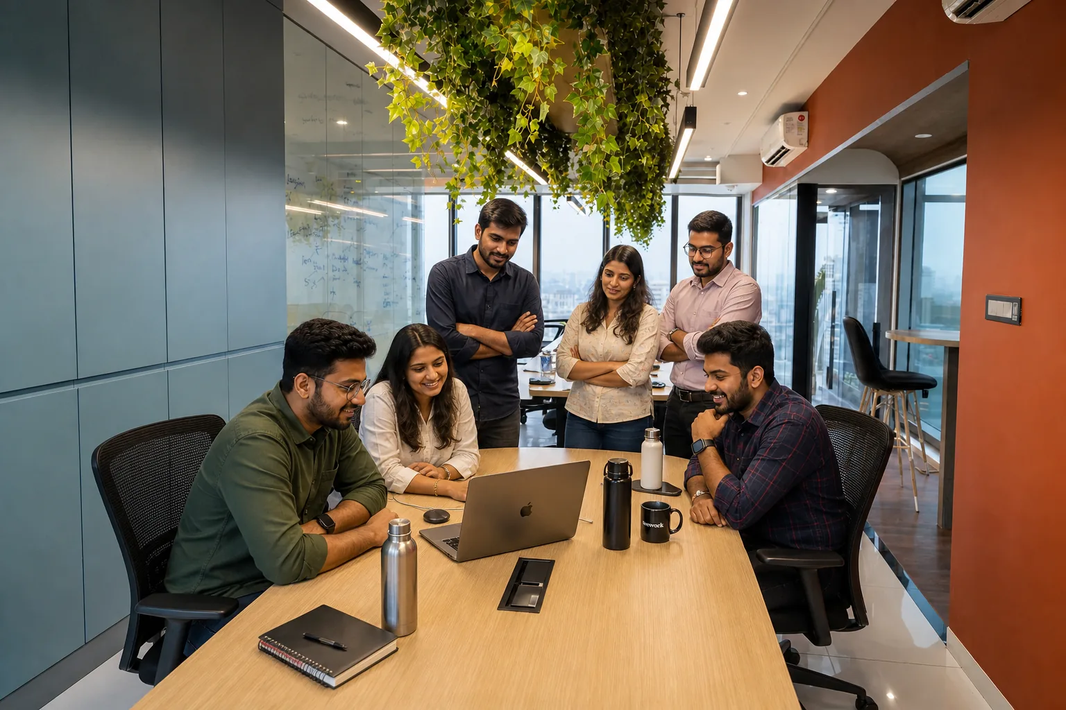 The Script Lanes team gathered around a laptop for the Friday demo