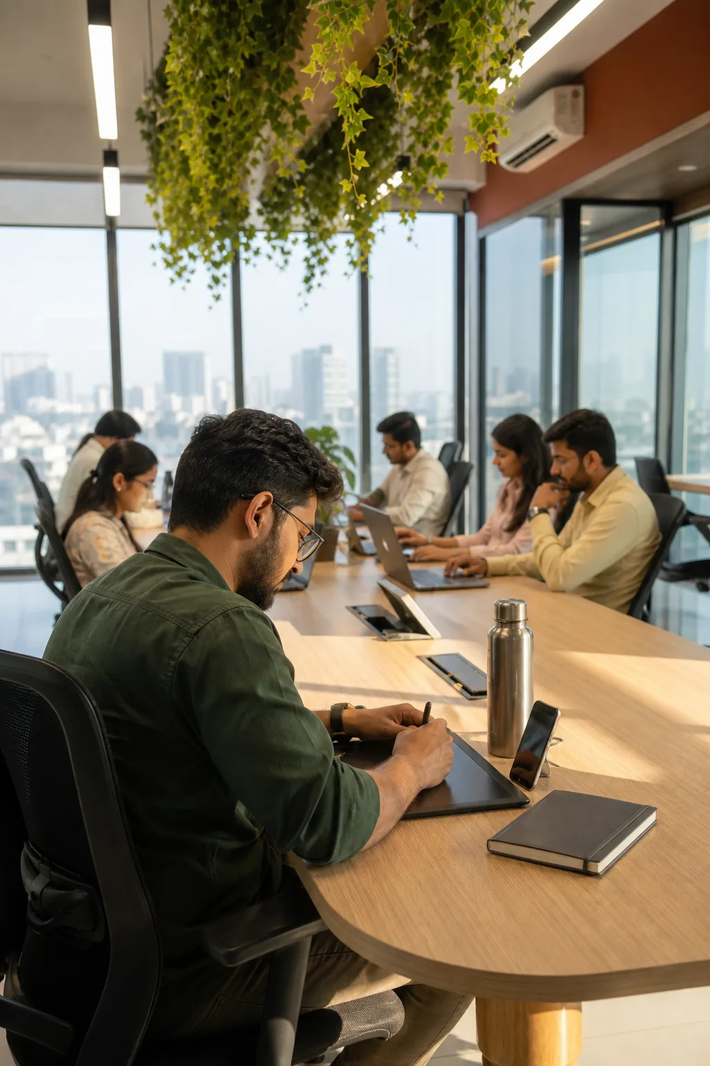 A Script Lanes designer working on a graphics tablet, the Pune skyline behind the window