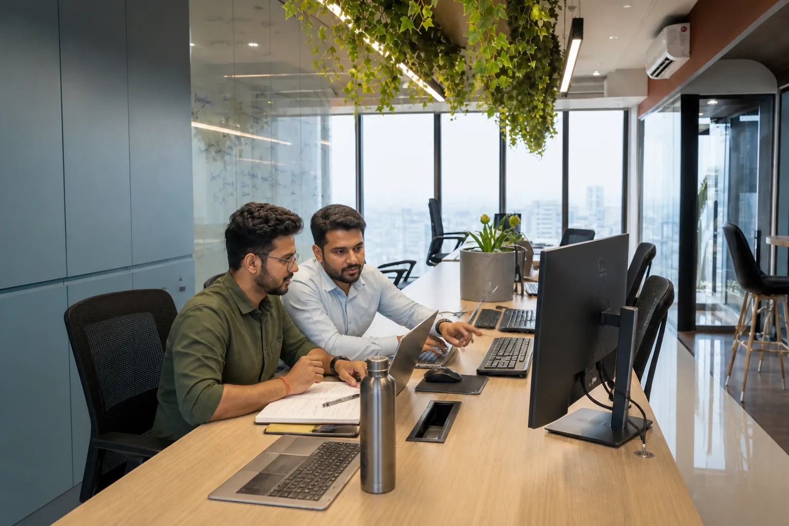 Two Script Lanes engineers reviewing work together on one monitor at the long office table