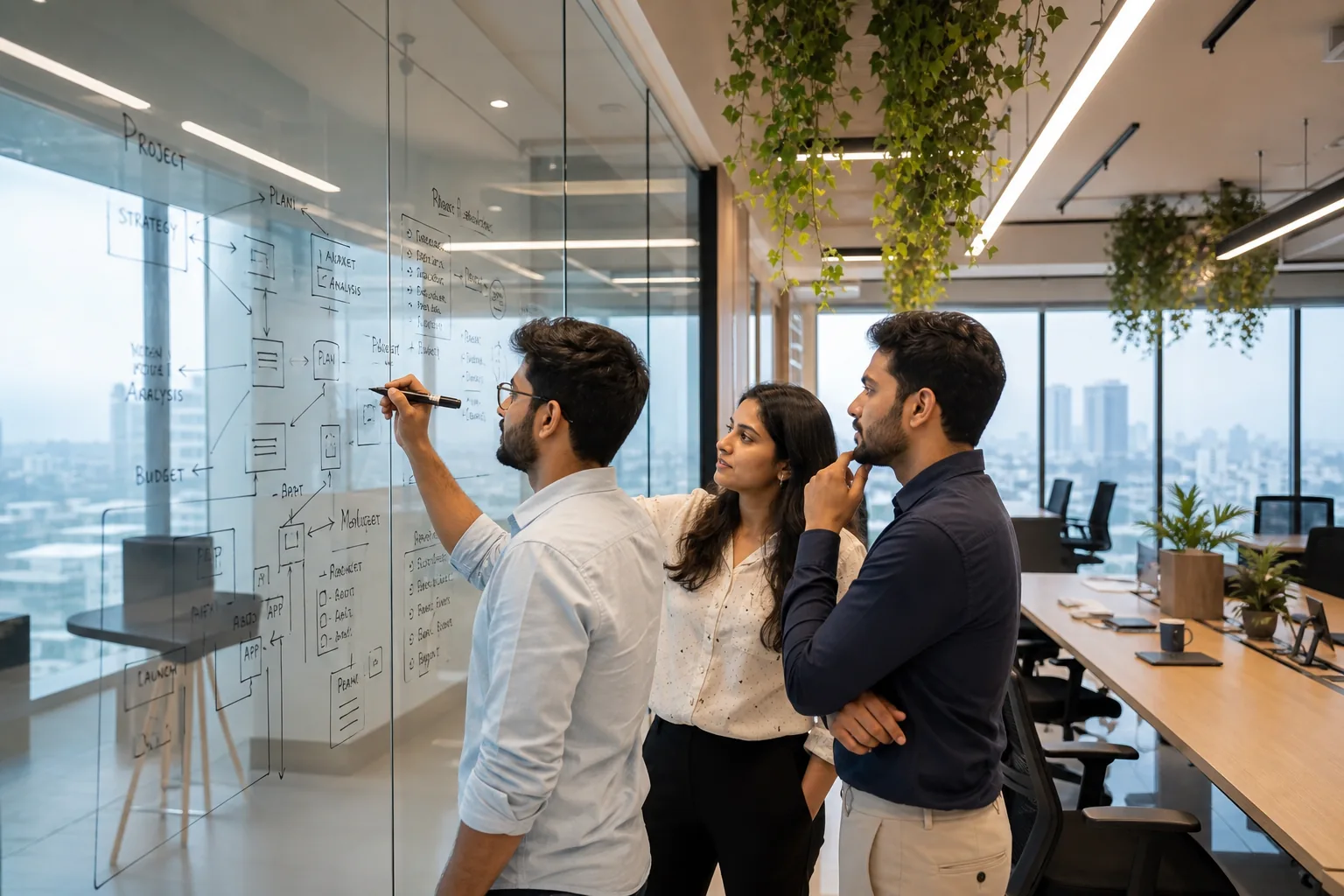 Three colleagues mapping a system in marker on the glass writing wall